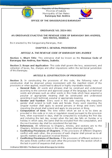 An Ordinance Providing for the Unified Barangay Revenue Code .